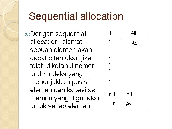 Sequential allocation Dengan sequential allocation alamat sebuah elemen akan dapat ditentukan jika telah diketahui