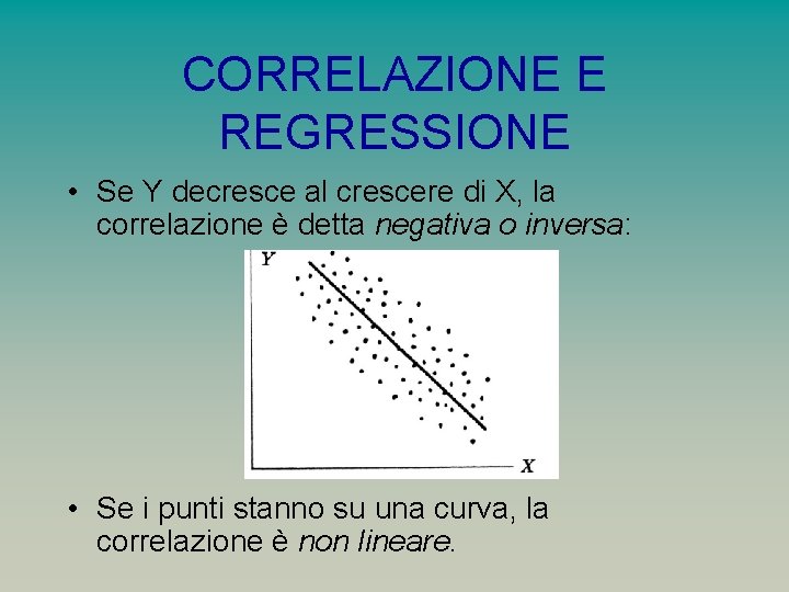 CORRELAZIONE E REGRESSIONE • Se Y decresce al crescere di X, la correlazione è