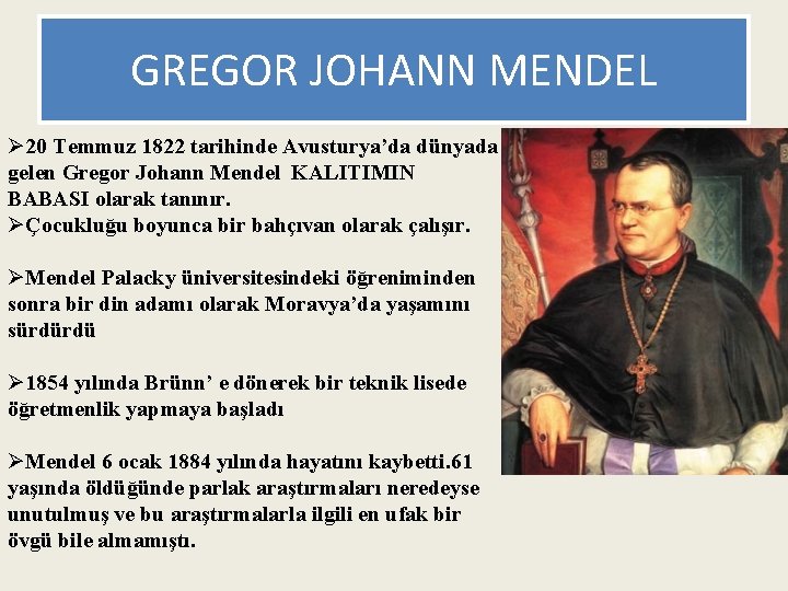 GREGOR JOHANN MENDEL Ø 20 Temmuz 1822 tarihinde Avusturya’da dünyada gelen Gregor Johann Mendel