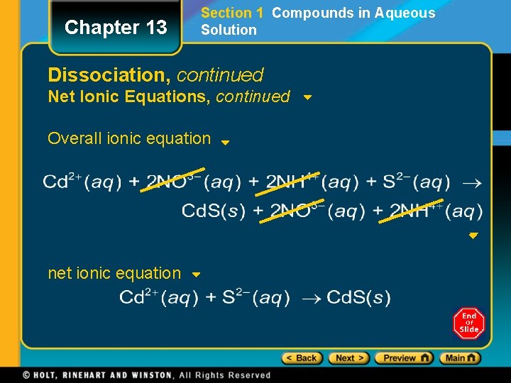 Chapter 13 Section 1 Compounds in Aqueous Solution Dissociation, continued Net Ionic Equations, continued Chapter 13 Section 1 Compounds in Aqueous Solution Dissociation, continued Net Ionic Equations, continued