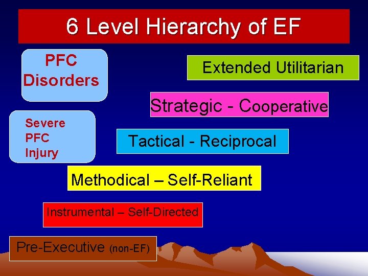 6 Level Hierarchy of EF PFC Disorders Extended Utilitarian Strategic - Cooperative Severe PFC