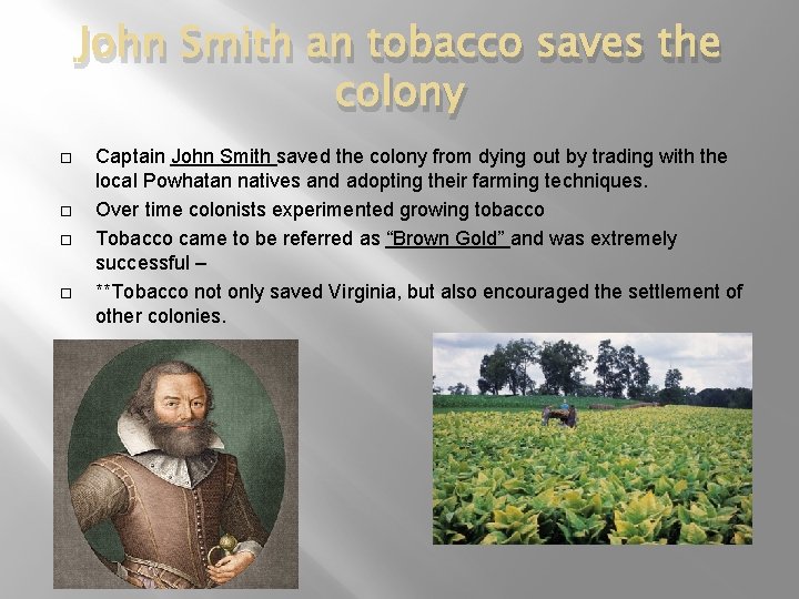 John Smith an tobacco saves the colony Captain John Smith saved the colony from