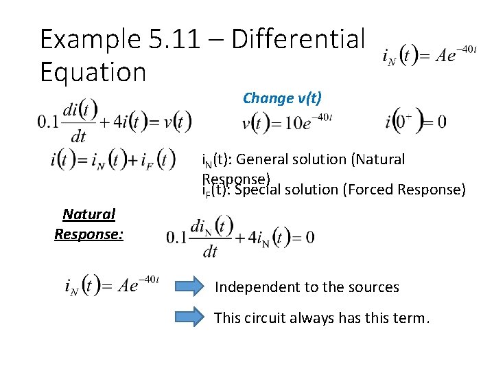 Example 5. 11 – Differential Equation Change v(t) i. N(t): General solution (Natural Response)