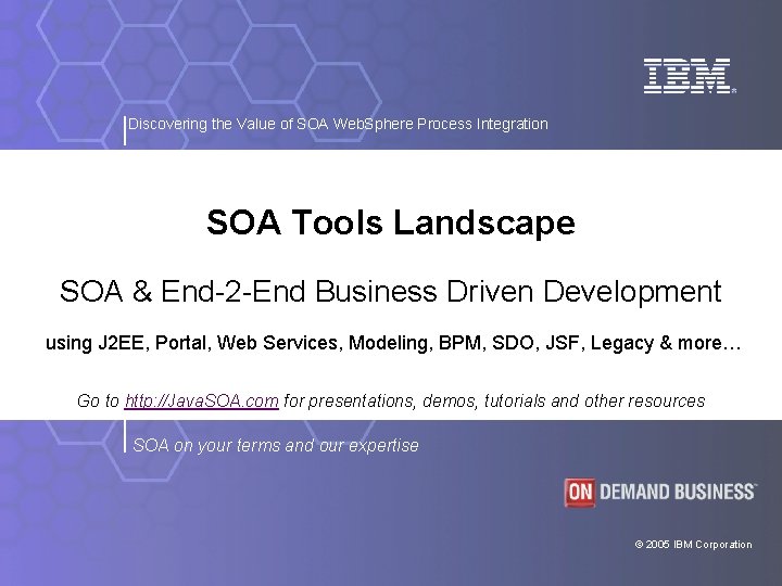 Discovering the Value of SOA Web. Sphere Process Integration SOA Tools Landscape SOA &