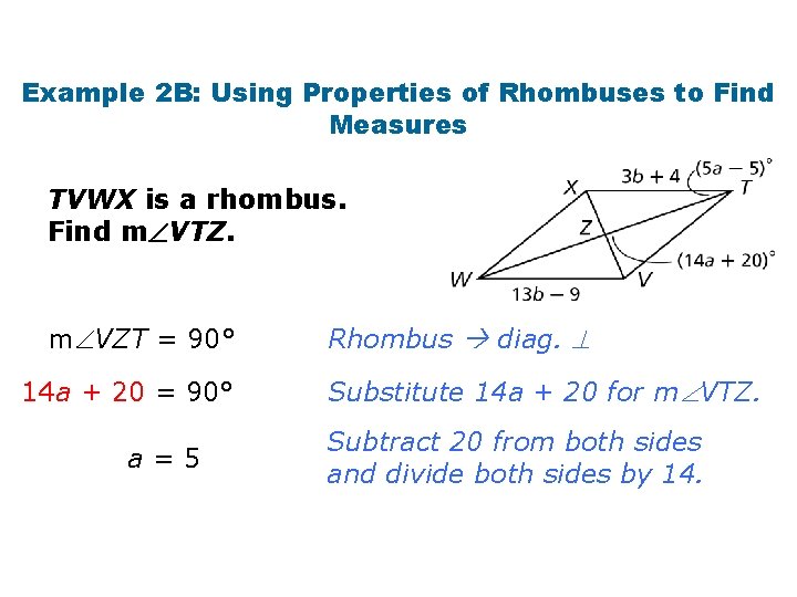 Example 2 B: Using Properties of Rhombuses to Find Measures TVWX is a rhombus.