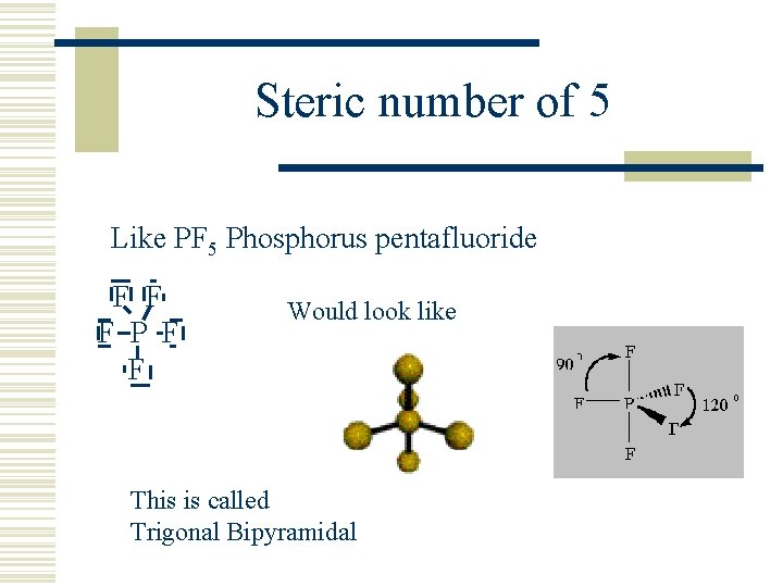 Steric number of 5 Like PF 5 Phosphorus pentafluoride F F F P F
