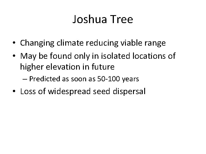 Joshua Tree • Changing climate reducing viable range • May be found only in