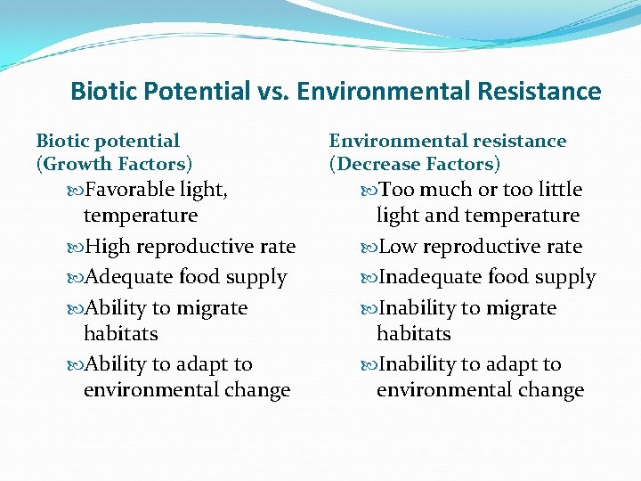 Biotic Potential vs. Environmental Resistance Biotic potential (Growth Factors) Favorable light, temperature High reproductive