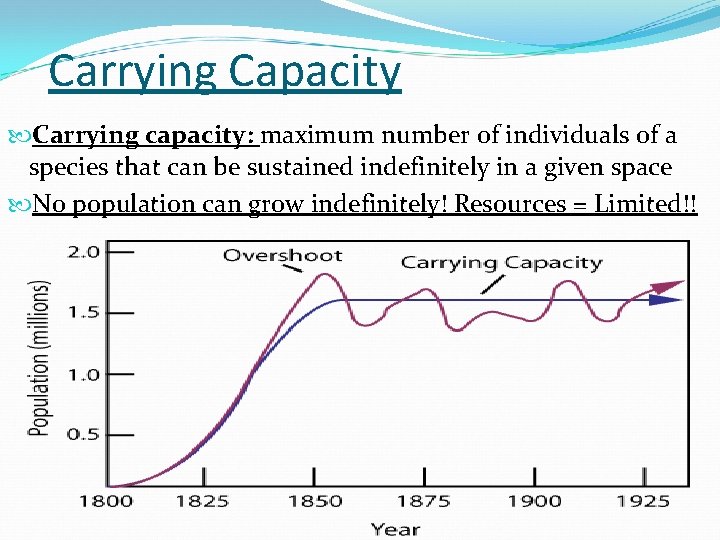 Carrying Capacity Carrying capacity: maximum number of individuals of a species that can be