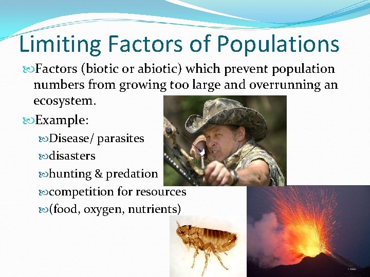 Limiting Factors of Populations Factors (biotic or abiotic) which prevent population numbers from growing