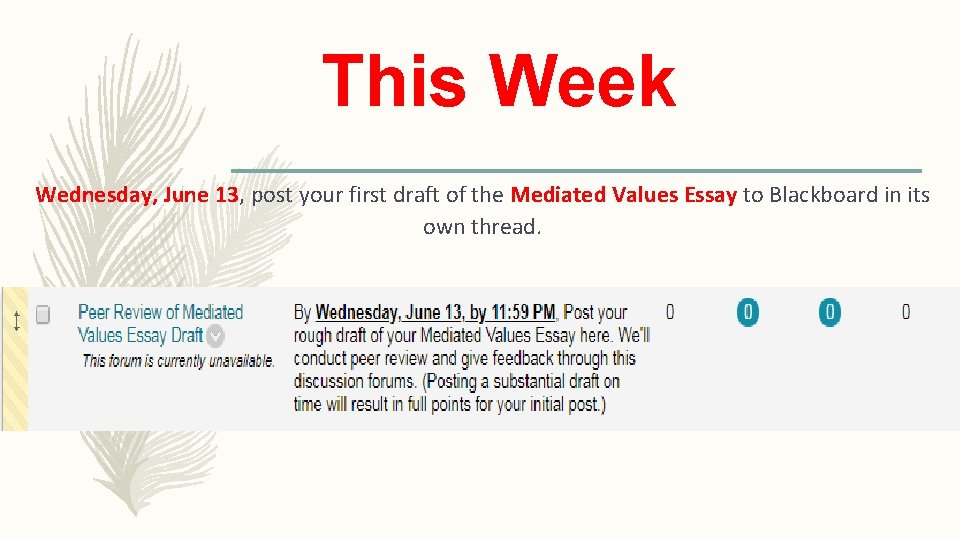 This Week Wednesday, June 13, post your first draft of the Mediated Values Essay