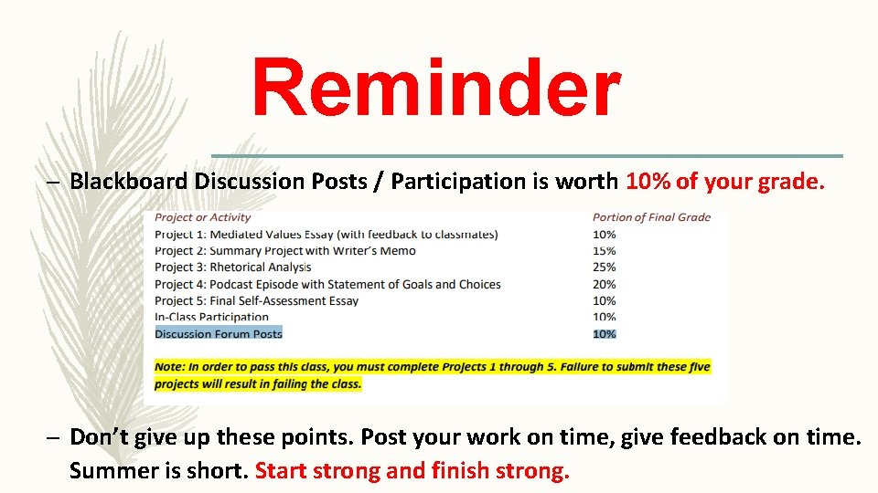 Reminder – Blackboard Discussion Posts / Participation is worth 10% of your grade. –