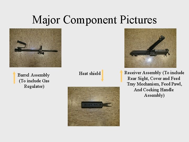 Major Component Pictures Barrel Assembly (To include Gas Regulator) Heat shield Receiver Assembly (To