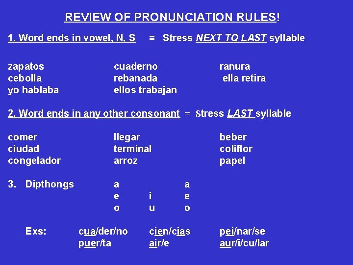 REVIEW OF PRONUNCIATION RULES! 1. Word ends in vowel, N, S = Stress NEXT