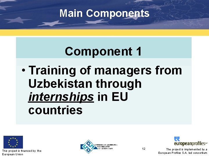 Main Components Component 1 • Training of managers from Uzbekistan through internships in EU