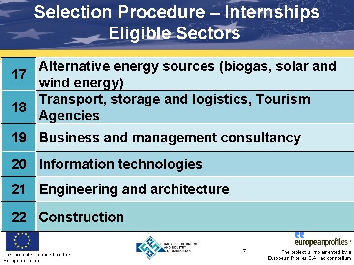 Selection Procedure – Internships Eligible Sectors Alternative energy sources (biogas, solar and 17 wind