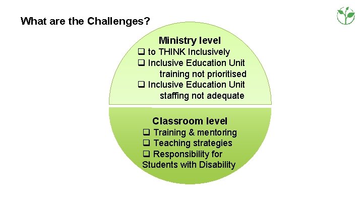 What are the Challenges? Ministry level q to THINK Inclusively q Inclusive Education Unit