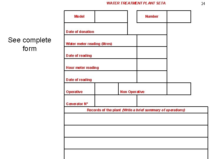 WATER TREATMENT PLANT SETA Model Number Date of donation See complete form Water meter
