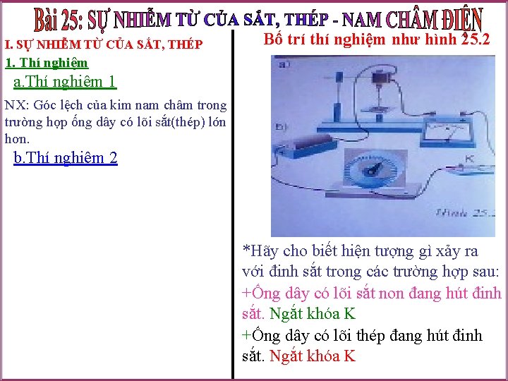 I. SỰ NHIỄM TỪ CỦA SẮT, THÉP Bố trí thí nghiệm như hình 25.