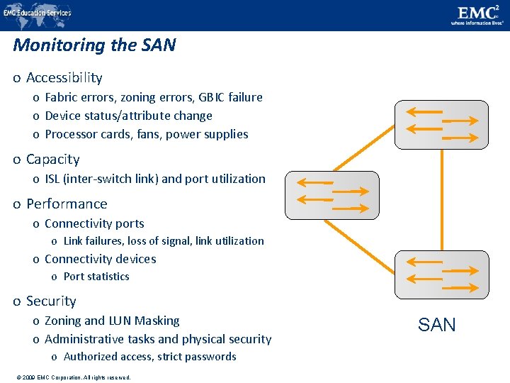 Monitoring the SAN o Accessibility o Fabric errors, zoning errors, GBIC failure o Device Monitoring the SAN o Accessibility o Fabric errors, zoning errors, GBIC failure o Device