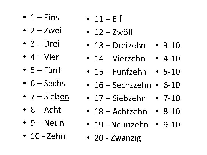 • • • 1 – Eins 2 – Zwei 3 – Drei 4 • • • 1 – Eins 2 – Zwei 3 – Drei 4