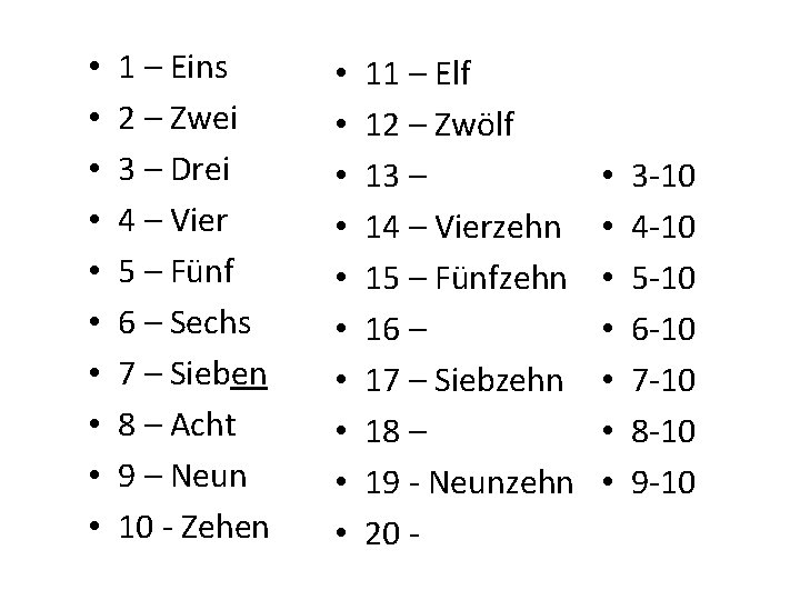 • • • 1 – Eins 2 – Zwei 3 – Drei 4 • • • 1 – Eins 2 – Zwei 3 – Drei 4