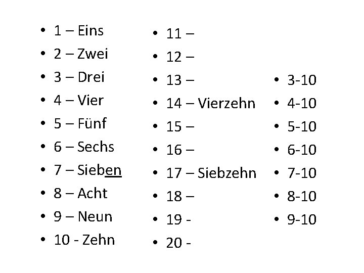 • • • 1 – Eins 2 – Zwei 3 – Drei 4 • • • 1 – Eins 2 – Zwei 3 – Drei 4