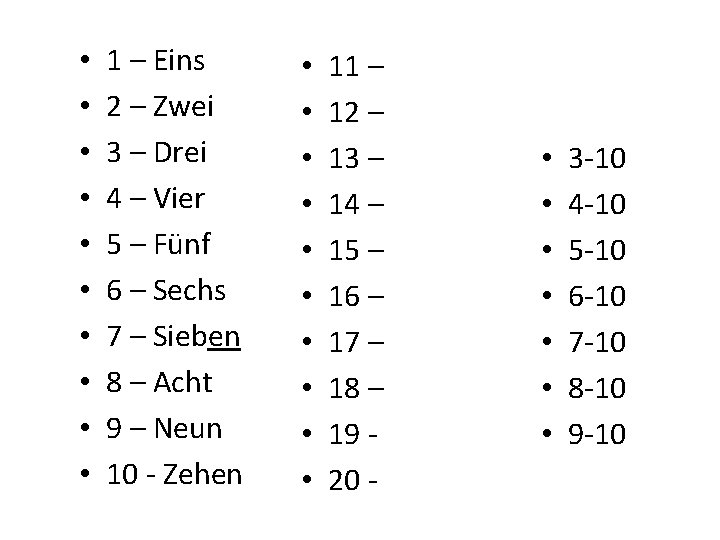 • • • 1 – Eins 2 – Zwei 3 – Drei 4 • • • 1 – Eins 2 – Zwei 3 – Drei 4