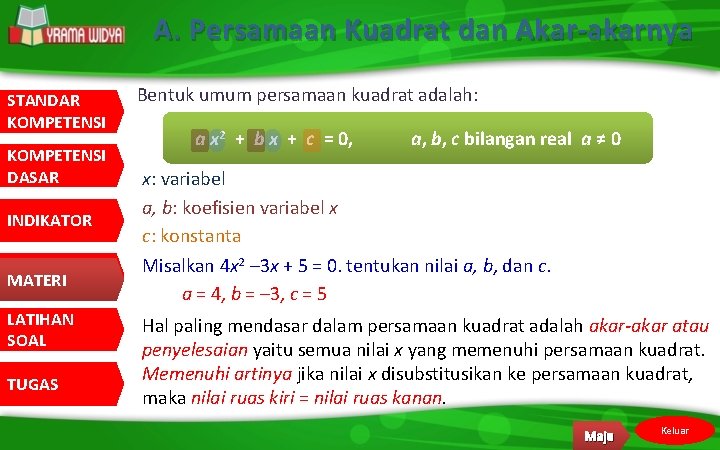 A. Persamaan Kuadrat dan Akar-akarnya STANDAR KOMPETENSI DASAR INDIKATOR MATERI LATIHAN SOAL TUGAS Bentuk