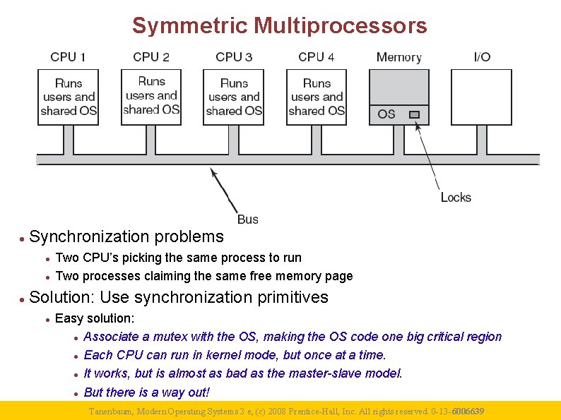 Symmetric Multiprocessors Synchronization problems Two CPU’s picking the same process to run Two processes