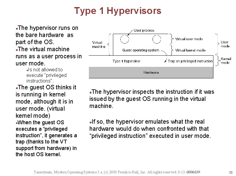 Type 1 Hypervisors The hypervisor runs on the bare hardware as part of the