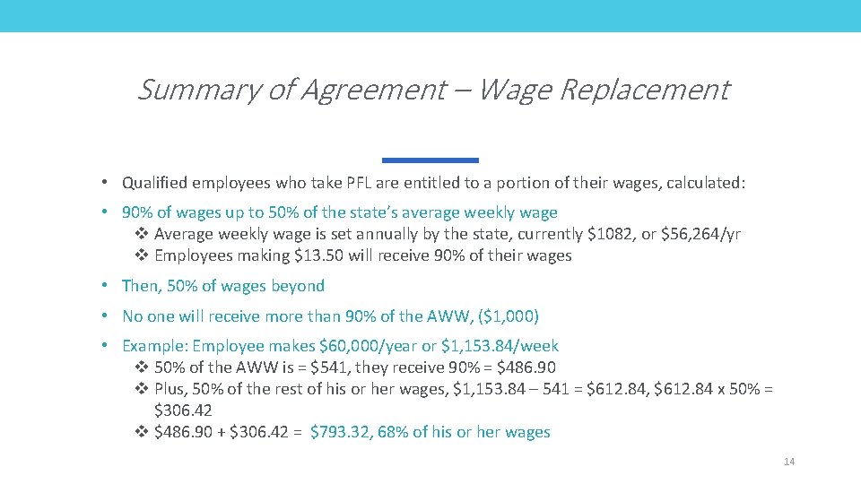 Summary of Agreement – Wage Replacement • Qualified employees who take PFL are entitled