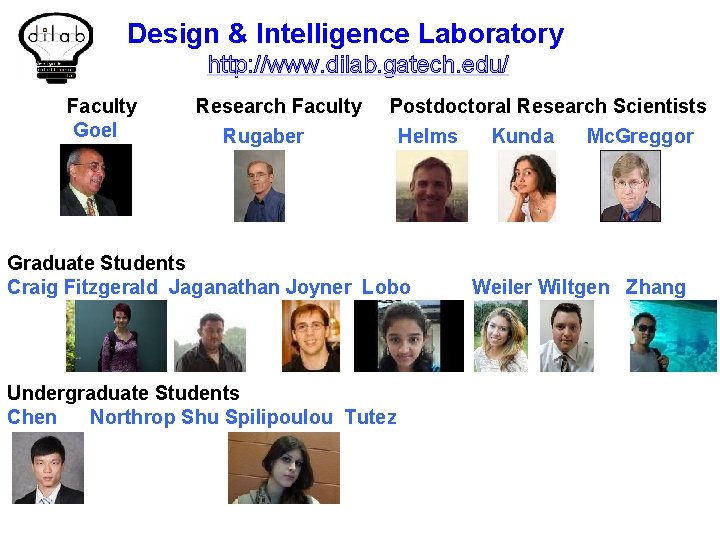 Design & Intelligence Laboratory http: //www. dilab. gatech. edu/ Faculty Goel Research Faculty Rugaber