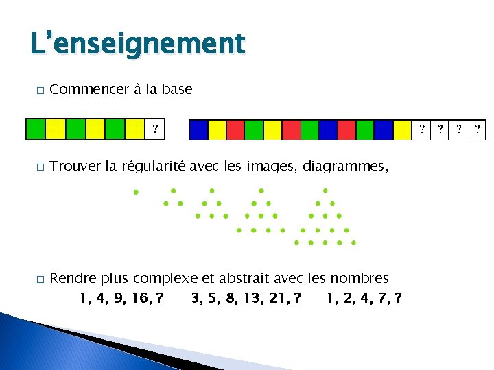 L’enseignement � Commencer à la base � Trouver la régularité avec les images, diagrammes,