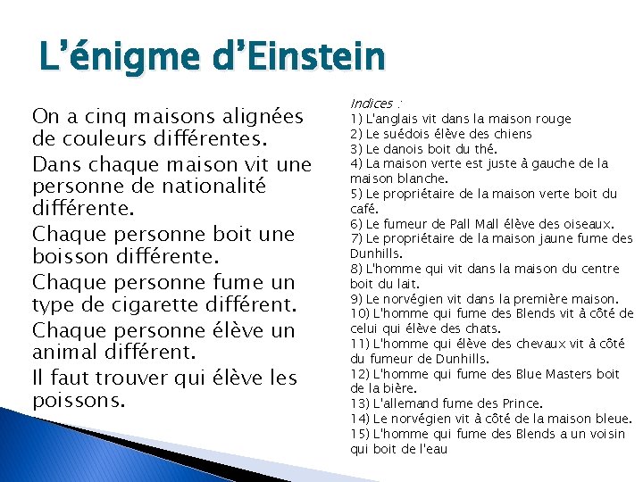 L’énigme d’Einstein On a cinq maisons alignées de couleurs différentes. Dans chaque maison vit