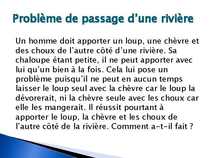Problème de passage d’une rivière Un homme doit apporter un loup, une chèvre et