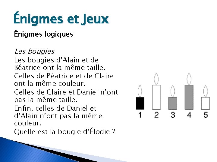 Énigmes et Jeux Énigmes logiques Les bougies d’Alain et de Béatrice ont la même