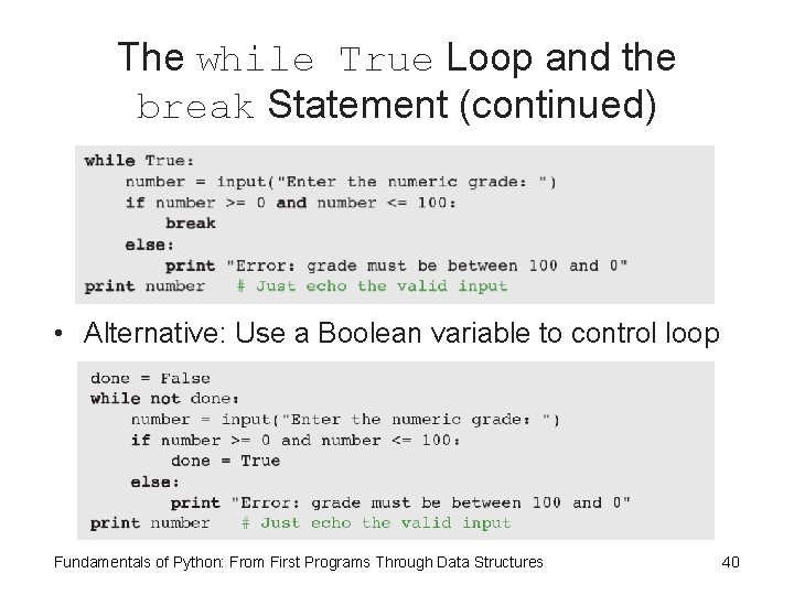 The while True Loop and the break Statement (continued) • Alternative: Use a Boolean