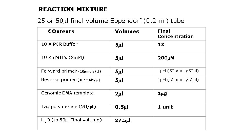 REACTION MIXTURE 25 or 50 l final volume Eppendorf (0. 2 ml) tube COntents
