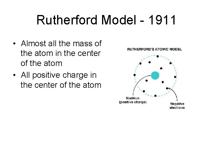 Rutherford Model - 1911 • Almost all the mass of the atom in the