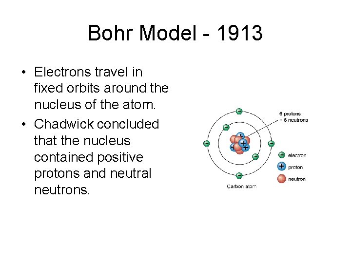 Bohr Model - 1913 • Electrons travel in fixed orbits around the nucleus of