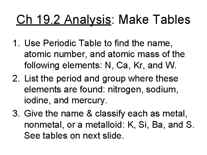 Ch 19. 2 Analysis: Make Tables 1. Use Periodic Table to find the name,