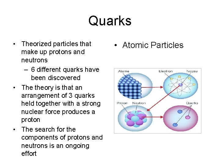 Quarks • Theorized particles that make up protons and neutrons – 6 different quarks