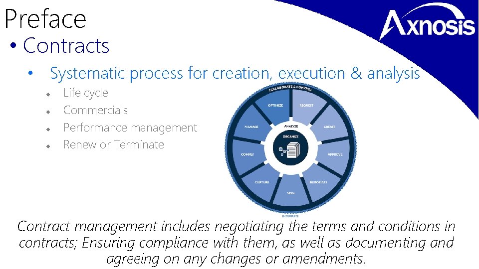 Preface • Contracts • Systematic process for creation, execution & analysis Life cycle Commercials