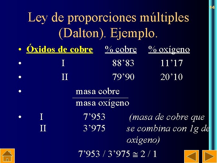 Ley de proporciones múltiples (Dalton). Ejemplo. 14 • Óxidos de cobre % oxígeno •