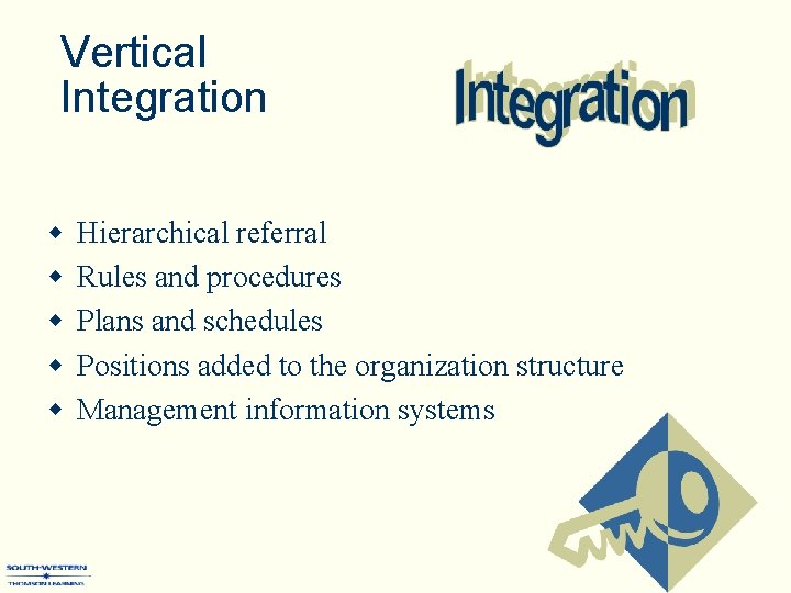 Vertical Integration w w w Hierarchical referral Rules and procedures Plans and schedules Positions