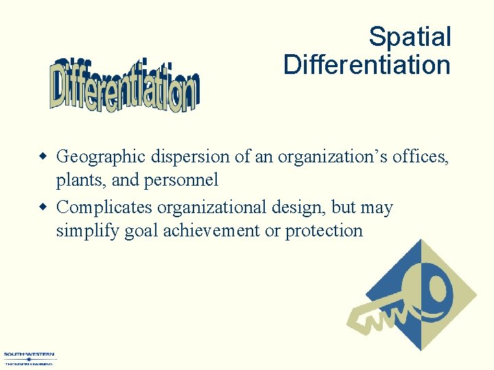 Spatial Differentiation w Geographic dispersion of an organization’s offices, plants, and personnel w Complicates