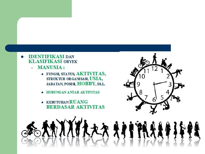 l IDENTIFIKASI DAN KLASIFIKASI OBYEK – MANUSIA : l FUNGSI, STATUS, AKTIVITAS, STRUKTUR ORGANISASI,