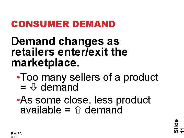 CONSUMER DEMAND Demand changes as retailers enter/exit the marketplace. BMI 3 C Slide •