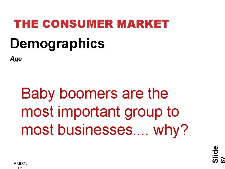 THE CONSUMER MARKET Demographics Age BMI 3 C Slide Baby boomers are the most